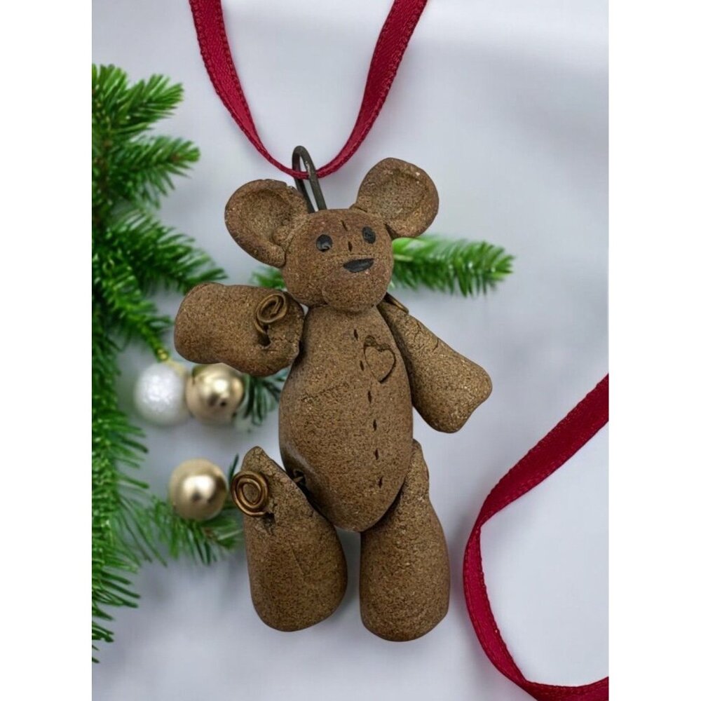 Primitive Teddy Bear Christmas Ornament Heart Jointed Legs Arms with Red Ribbon